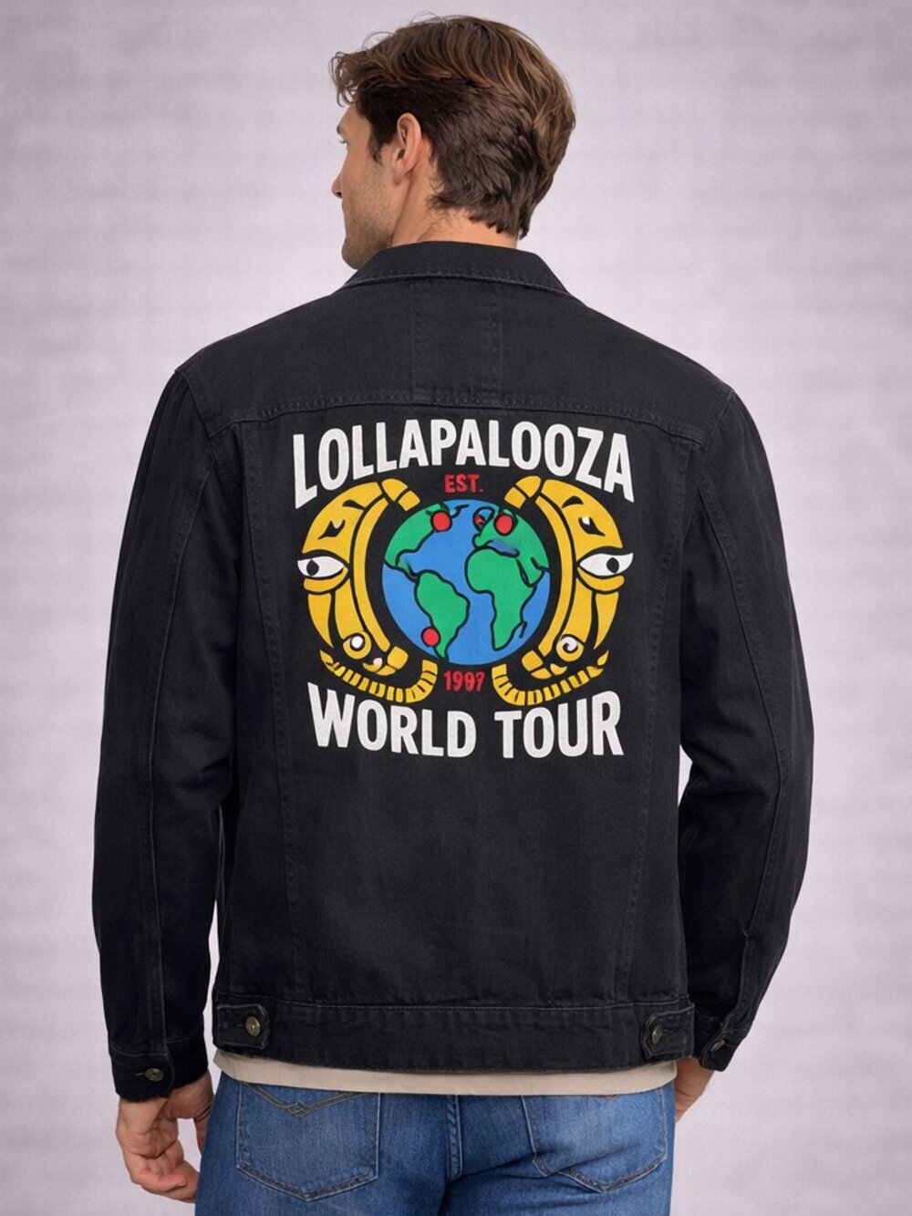 Strata Lollapalooza World Tour Black Denim Jacket XL Graphic Trucker Streetwear - Picture 2 of 15